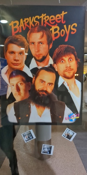 A poster showing a boyband, the "Barkstreet Boys" featuring staff   members.