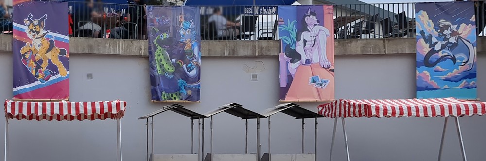 Outside / Barbequeue area, showing 4 banners featuring a skateboarding   lynx, a hyena and a husky playing with two GameBoys, a husky looking   contemplative out of a window, and a dragon flying in the sky.